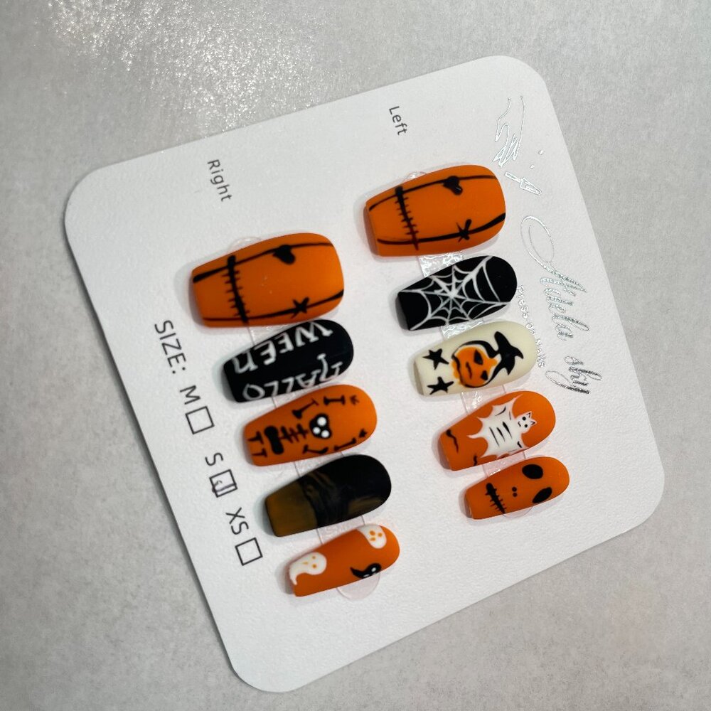 Halloween Pumpkin Spooky/ Pumpkin Head& Skull Bones& Spider Web  Press On Nails